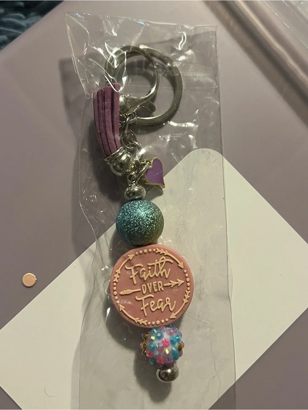 Faith Over Fear Pink Keychain with Teal Glitter Bead